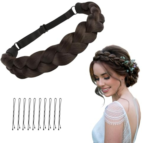 LunarCharm fascia per capelli a 3 fili da donna, con molletta, cerchietto intrecciato regolabile, accessorio per matrimoni, Bavaria, Oktoberfest, marrone scuro