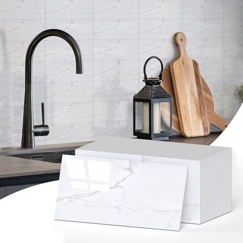 Vieshful 25 Piezas Azulejos Adhesivos Cocina 10x20 cm, Baldosas Adhesivas De PVC Con Efecto Mármol, Azulejo Adhesivo Impermeable, Revestimiento Adhesivo Para Cocina, Baño, Salón Y Pared De TV Blanco