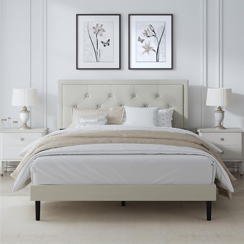 IOILORI Full Size Bed Frame with Upholstered Velvet Headboard, No Box Spring Needed, Button Tufting Design, Strong Wooden Slat, Beige