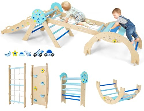 COSTWAY Triángulo de Escalada Interior, Estructura de Escalada Plegable con Tobogán, Arco de Escalar, Triángulo de Madera para Niños de 1+ año (Universo-4 Piezas,Azul)
