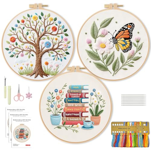 WIVLAX Embroidery Kit for Beginners Adults - 3PCS DIY Hand Embroidery Craft Set with Tree, Butterfly, Book & Flower Patterns, Hoop, Thread, Needles, Unique Mindful Sewing Gift for Women, Teens