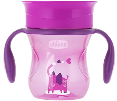 Chicco Perfect Cup Primo Bicchiere per Bambini 200 ml, 1 Tazza Biberon 12+ Mesi per Imparare a Bere, con Membrana in Silicone a 360° e Manici Rimovibili, senza BPA - Rosa o Viola