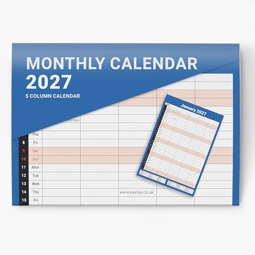 2027 Family Calendar A3 - Month to View 5 Column Wall Chart Planner - Home Office Schedule Organiser with Blue & White Design