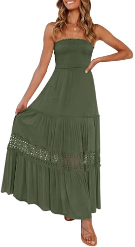 ZESICA Women's 2025 Summer Bohemian Strapless Off Shoulder Lace Trim Backless Flowy A Line Beach Long Maxi Dress,ArmyGreen,Medium