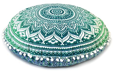INDIAN CRAFT CASTLE Round Mandala Floor Pillow Cover, Pom Pom Lace, 22 Inches (Green), Seating, Relaxation, Decoration