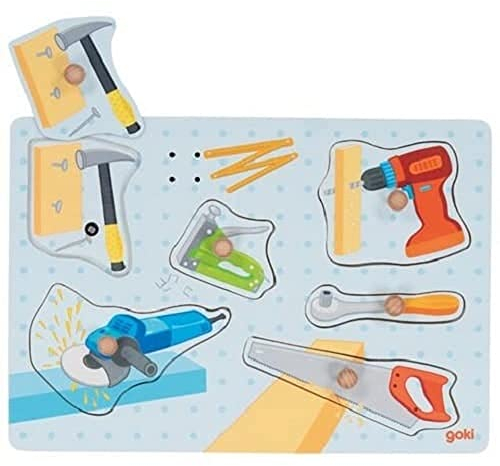 goki 57368 – Steckpuzzle Werkzeuge, Klangpuzzle mit Werkzeugsounds - 6 Teile - Soundpuzzle aus Holz