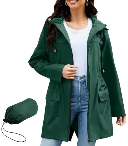 PONCEAU Women Waterproof Jacket - Ladies Lightweight Waterproof Jacket Rain Coats for Women Outdoor Packable Waterproof Jacket with Hood Breathable Functional Windbreaker Raincoat