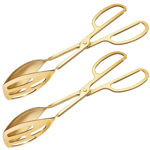 2 Pack Gold Serving Tongs Buffet for Kitchen Cooking 10 Inch Stainless Steel Salad Tongs Serving Utensils for Wedding Party Catering (Gold)