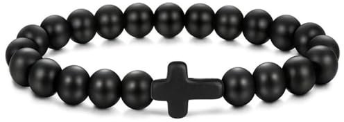 Black Natural Stone Cross Frosted Bracelet,Fashionable High-End Elastic Rope Yoga Bracelet,Niche Design Matte Essential Item for Trendy Men and Women.
