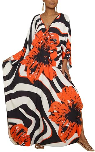 Bsubseach Plus Size Caftan Vestito per Le Donne Long Beach Kaftans Costume da Bagno Copertura Spiaggia ups Resort Wear Fiori Arancioni