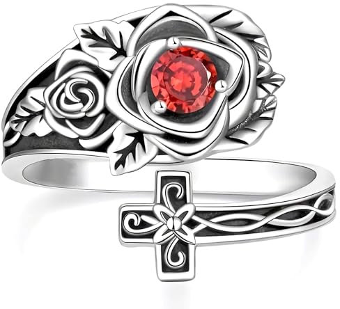 Dishowme Anillo de cruz de flor de rosa de cristal, vintage, victoriano, mariposa, girasol, nudo, celta, anillo de dientes de dedo, joyería ajustable para mujeres y hombres, Diamante de imitación