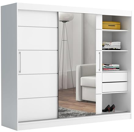 Brent - Kleiderschrank mit Spiegel und Schubladen 235cm Breit Chelsea Tomy, Schwebetürenschrank mit Spiegel, Schlafzimmerschrank, Kleiderschrank Weiß