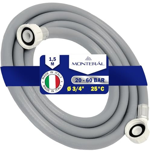 Tuyau Machine à Laver et Lave Vaisselle 1,5 m pour Arrivee Deau pour Températures de 25°C Pression de 20 à 60 Bar Connexion est Droite et Coudée Ø 3/4 - MADE IN ITALY - MONTERAL