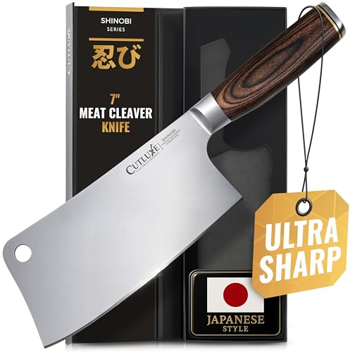 Cutluxe Meat Cleaver Knife – Ultra Sharp 7 Meat Cleaver, Butcher Knife, High Carbon Stainless Steel Blade, Full Tang Pakkawood Handle – Shinobi Series