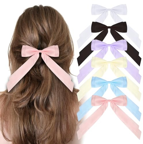 MOTIBACK 6PCS Hair Bows for Women, Bows for Hair Black Hair Ribbons for Girls, Silky Satin French Barrette Clips, Solid Color Hair Claws (Beige/White/Pink/Black/Blue/Purple)