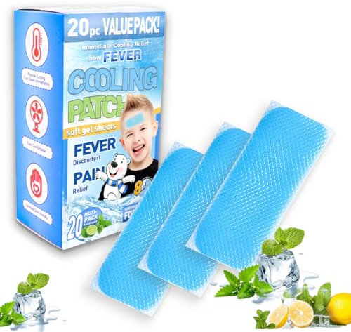 20 Cooling Gel Patches, Fast-Acting Cooling Pads for Adults and Kids to Relieve Headaches, Migraines, Sunburn and Heat Stroke, Soothe Forehead and Body, Good for Cooling, Outdoor Travel