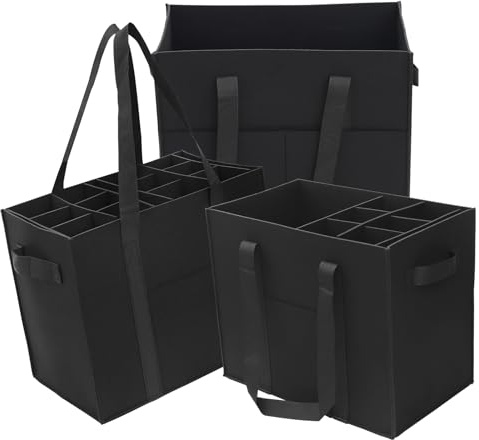 Wusboo Sac de Courses en Feutre, Lot de 3 Feutre Sac Shopper Contenant Deux Compartiments à Bouteilles, Grand Panier Pliable, Grand Fourre-Tout pour Courses, Sorties (Noir)