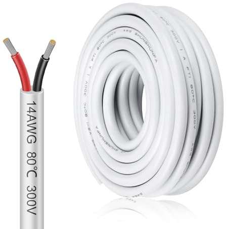 inShareplus 14AWG 2x2mm² 5 Meter Electrical Wire 2 Core Cable, 5V/12V/24V White Tinned Copper Wires, 14 Gauge 300V Flexible and Soft Outdoor Cable High Temperature Resistant Extension Wire
