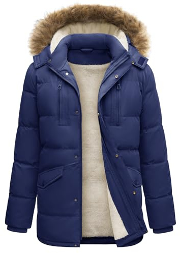 TOMEEK Chaqueta Hombre Invierno Impermeable Abrigo Larga Parka Chaqueta Abrigos Hombre de Trabajo Chaquetones de Invierno con Sombrero Desmontable(Azul Marino,XXL)