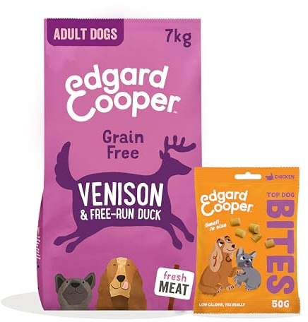 Edgard & Cooper Alimento Seco para Perros Venado y Pato Sin Cereales 7 kg + Premios para Perros Pollo Bites 1x50g - Pack de Croquetas y Premios