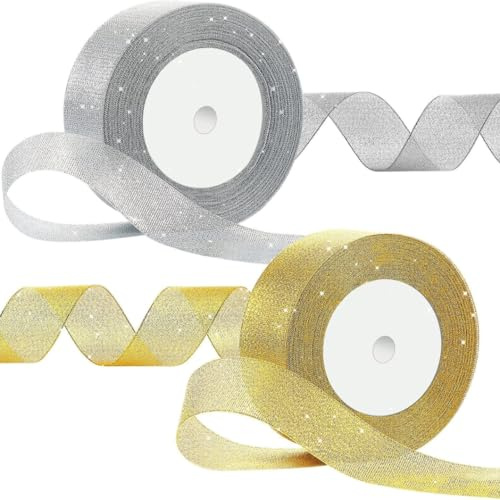 Nastro regalo in organza scintillante 2,5 cm x 22,86 m,dorato e argento,nastro decorativo per confezioni regalo,fai-da-te DIY,matrimonio,festa,compleanno,guirlande, corone, tavolo, progetti creativi
