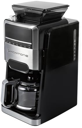 Homtone Cafetera con Molinillo Cónico, Termostato de 24 Horas, Filtro Termostático, Jarra de Vidrio de 12 Tazas, Filtro Metálico Permanente, 1400 W, para Café en Grano y Molido.