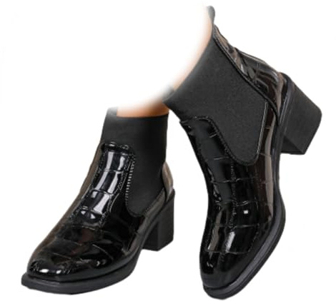 HESYSUAN Stivaletti Chelsea da donna con tacco alto, in pelle verniciata, senza lacci, stivali bianchi britannici, impermeabili, comodi, con tacco medio, Nero , 37.5 EU