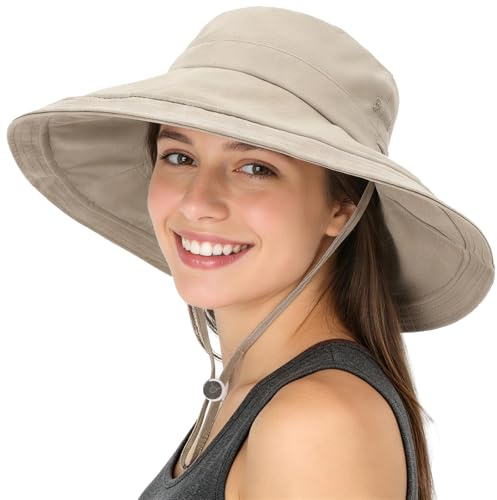 AYPOW Women Sun Hat UV Protection Wide Brim Bucket Hats, Quick-Drying Water-Resistant Fold Up Brim Summer Beach Cap, Foldable Adjustable Garden Caps for Outdoor Fishing Travel Hiking Beige