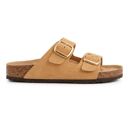 LE CÔTÉ CHIC | Sandalias Mujer Verano Planas | Doble Hebilla Ajustable Dorada | Suela de Corcho Memory Foam (Marrones, Sistema tallas calzado EU, Adulto, Números, mediano, 38)