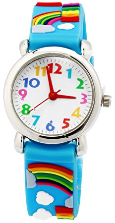 ele ELEOPTION Girl's Digital Quartz Waterproof 3D Cute Cartoon Round Dial Wrist Watch with Silicone Strap, Rainbow, Blue