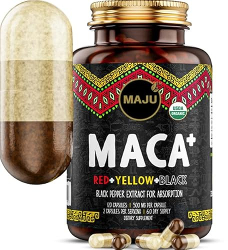 Maju Superfoods 4-in-1 Maca Root Capsules, Organic Black, Yellow & Red Roots w Black Pepper Extract for Absorption (120 ct) | Peru Product, Peruvian Powder, Men & Women Supplement, 60,000 mg
