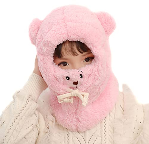 Barn vinter varm mössa för pojkar flickor 2–7 år, baby barn vinter plysch djur björn pälsmössa vindtät varm ansiktsmask beanie huva fleece mössa öronlappar hatt slip-mössa halsduk mössa, rosa