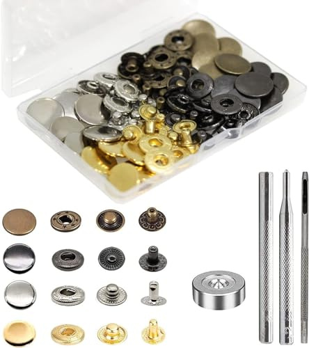 24 Set Boutons Pression en Métal, Basicon Pression Bouton Fixation Φ17mm avec 3 Outils de Réglage Boutons Pression à Coudre Craft Pour Cuir Artisanat Veste Portefeuille Sac à Main, 4 Couleurs