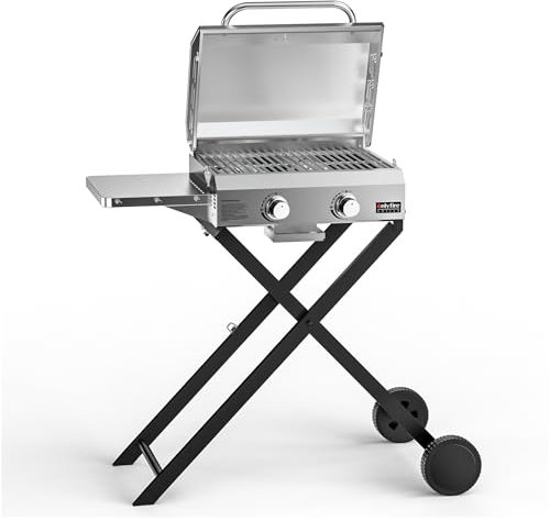 Onlyfire 2-Burner Portable Gas BBQ, Outdoor Gas Barbecue Grill with Foldable Trolley, 18 Cooking Grate, Thermometer&Side Table Shelf, 4.7 kW