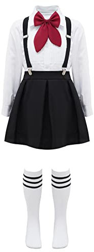 CHICTRY skolflicka uniform barn flickor japan anime kostym långärmad tunika blus med veckad kjol fluga hängslen och strumpor cosplay utklädnad, Typ A svart, 134-140