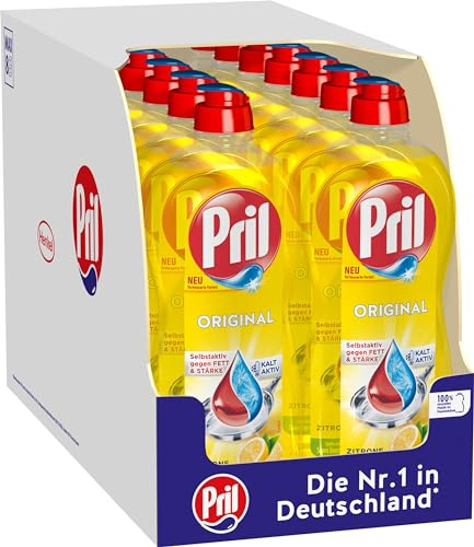 PRIL Original Zitrone (14 x 675 ml), Handgeschirrspülmittel mit höchster Fettlösekraft, für sauberes Geschirr auch in kaltem Wasser, frischer Zitronenduft