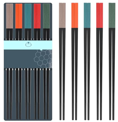 Amabro Lot de 5 paires de baguettes réutilisables en fibre de verre, 24,3 cm, antidérapantes, légères, passe au lave-vaisselle, japonais, chinois, coréen pour les fêtes