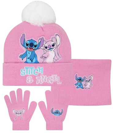 Disney Stitch Hat And Gloves 3 Piece Set | Girls Bobble Hat And Snood Set | Winter Hats For Kids | One Size Pink