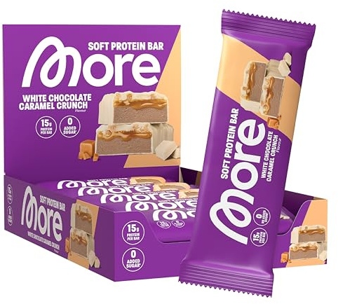 MORE Protein Bar, 10er Box, 10 x 50 g, White Chocolate Caramel Crunch, Protein Riegel ohne Zuckerzusatz (Design kann variieren)