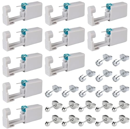 10 Piezas Pistola Piercing, Pistolas Desechables Para Perforar Orejas Pistola Pendientes Oreja Sin Dolor con Pendientes de Acero Inoxidable, Seguro y Estéril, para Niñas, Mujeres y Hombres