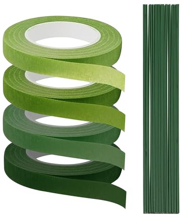APKOL 4 Rollen Floristenband,50 Pcs 30cm Blumendraht Floristik Kreppband Floristikdraht Grün Steckdraht, Blumenstieldraht Wrapping Blumensträuße für DIY Wrapping Blumensträuße(12mm x 27m/Rolle)