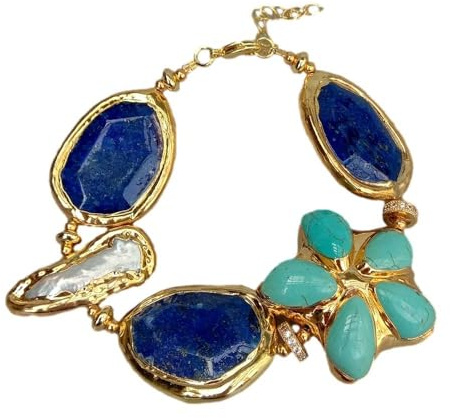 SLXWSXZE Blue Faceted Chunk Flower White Biwa Pearl With Electroplated Edge Bracelet