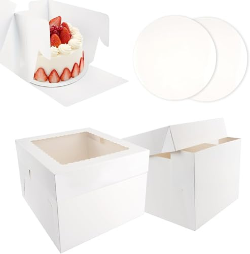 SVUPUE Caja para tartas de cartón, caja de transporte para tartas con tapa, para cumpleaños, bodas, fiestas, Navidad, para tartas de 9 o 10 pulgadas, 2 unidades, color blanco,