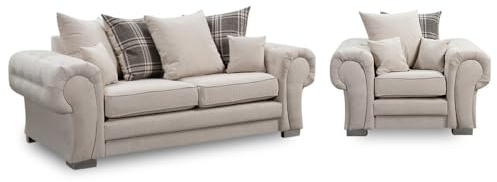 Verona Corner Suites - Kensington Cream Fabric Sofa 3+2+1 Seater Set - Chesterfield 3+2 Seated Scatter Back Couch - Comfy 3+1 Settee Suite - 2+1 Seater Sofas Arm Chair for Living Room (3+1 Sofa Set)