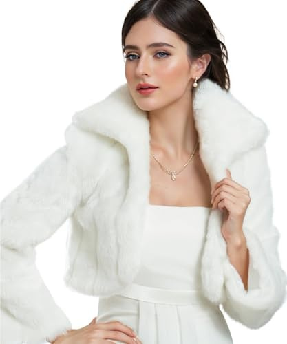AUTTOGirl Bolero da sposa donna giacca in pelliccia sintetica matrimonio abito da sposa invernale pelliccia bolero maniche lunghe complete giacca, bianco, S