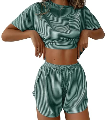 Ekouaer Womens Striped Pajama Sets Sexy Lounge Sets Side Split Short Pj Sets Cute Pjs 2 Piece Comfy Sleepwear Loungewear Green and White Stripes Small