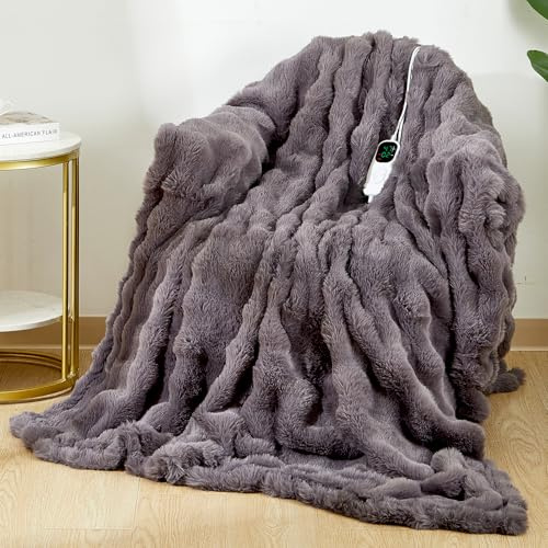 Uplayteck Electric Heated Blanket Throw - Soft Cosy Faux Fur Bubble Electric Blankets with 6 Time Settings, 8 Heating Level, Fast Heating & Overheat Protection, Machine Washable (59 x 79, Grey)