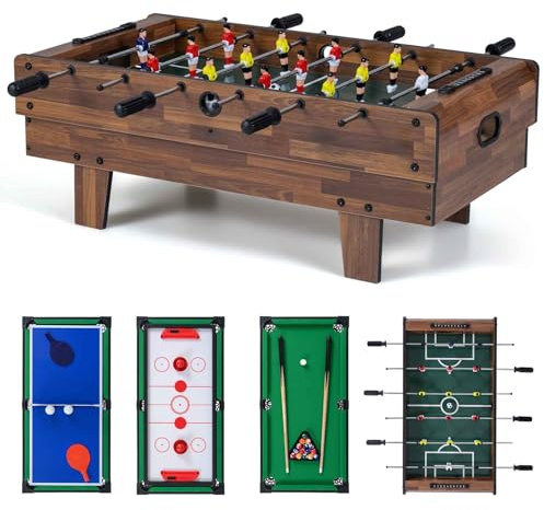 HOMASIS 4 en 1 Mesa de Juegos de Madera, Mesa de Futbolín con Tableros Apilables para Billar, Air Hockey, Futbolín, Tenis de Mesa para Niños y Adultos 81x43x30,5cm, (Natural)