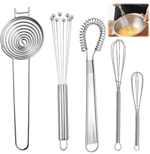 5 Piezas Batidor Manual-Set Incluyendo 1 Separador De Claras De Huevo, Acero Inoxidable Varillas Cocina Con Asas Para Colgar, Fácil De Limpiar, Para Mezclar Y Batir, Plateado