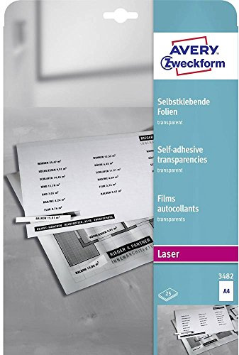 AVERY Zweckform 3482 Transparente Folien für Laserdrucker und Kopierer (25 selbstklebende Folien, A4, mattierte Oberfläche, hervorragend bezeichenbar, stapelverarbeitbar, Folienstärke 0,14mm)